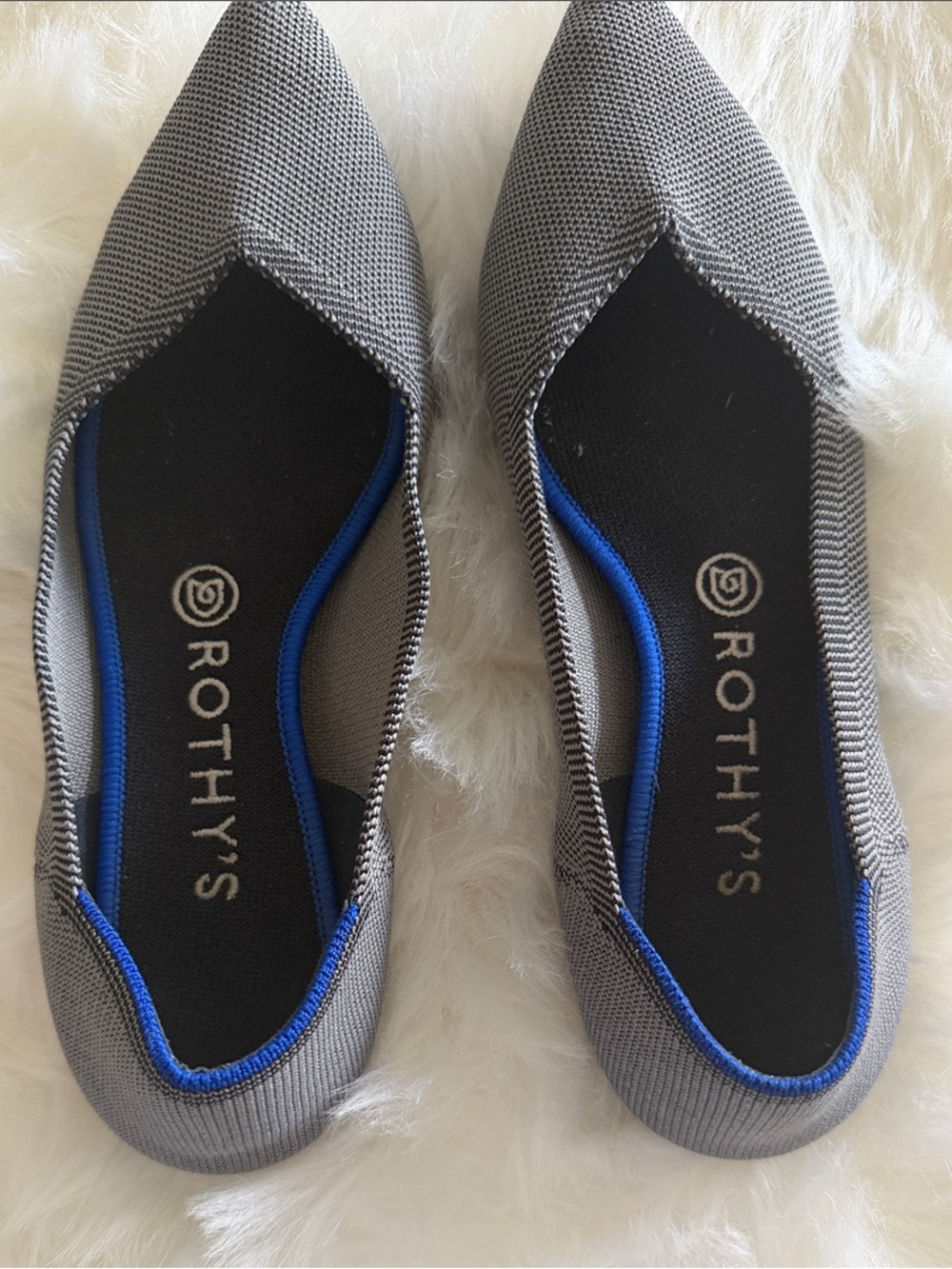 Rothy's Gray Pointed Knit Slip-On Flats with Blue Trim